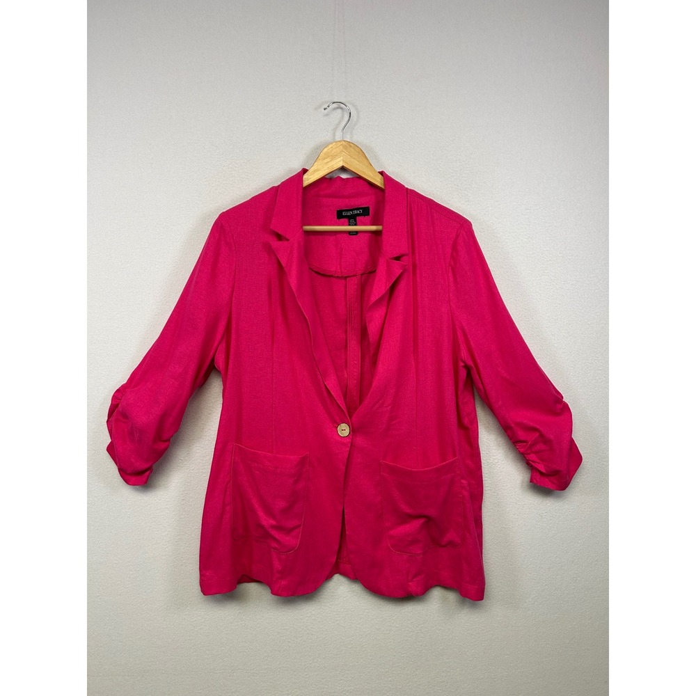 Office Barbie Ellen Tracy Womens XL Pink Linen Blend Ruched Sleeve Pocket Blazer